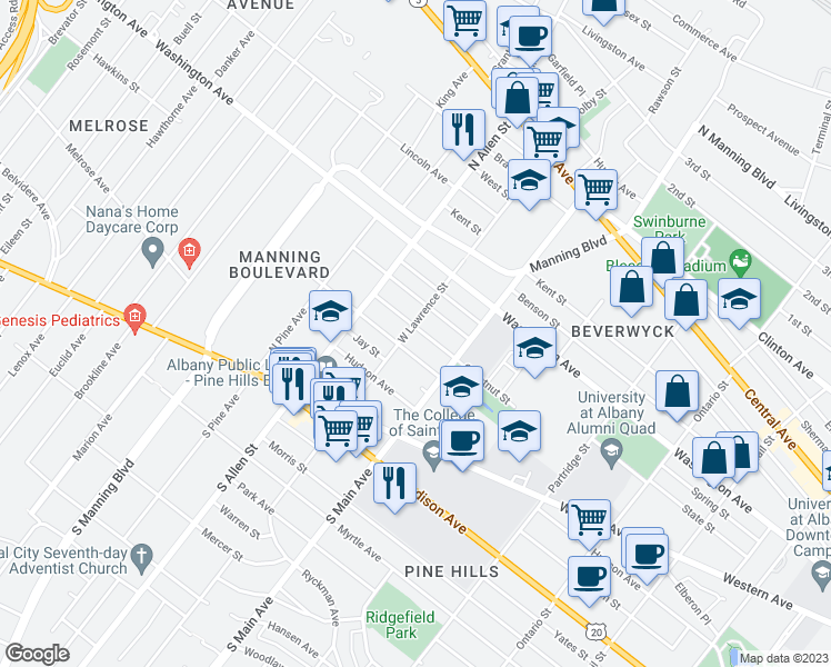 map of restaurants, bars, coffee shops, grocery stores, and more near 814 Lancaster Street in Albany