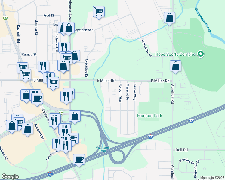 map of restaurants, bars, coffee shops, grocery stores, and more near 6200 Beechfield Drive in Lansing