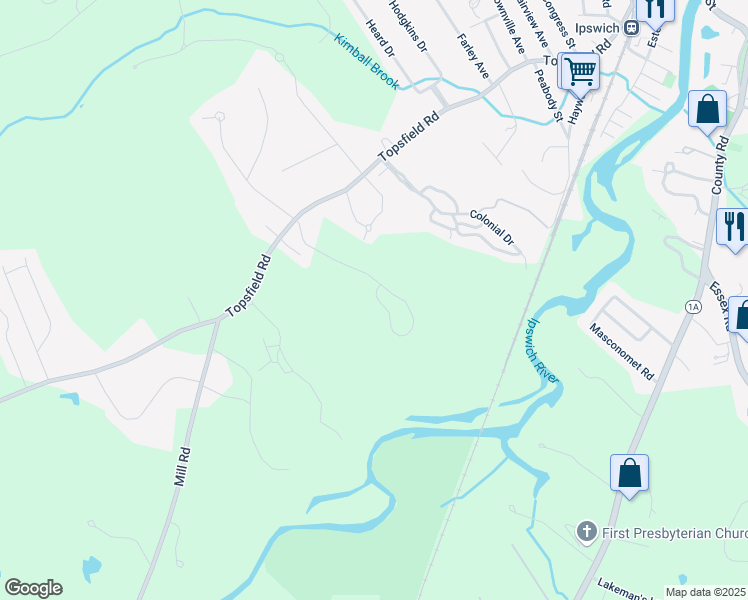 map of restaurants, bars, coffee shops, grocery stores, and more near 10 Ipswich Woods Drive in Ipswich