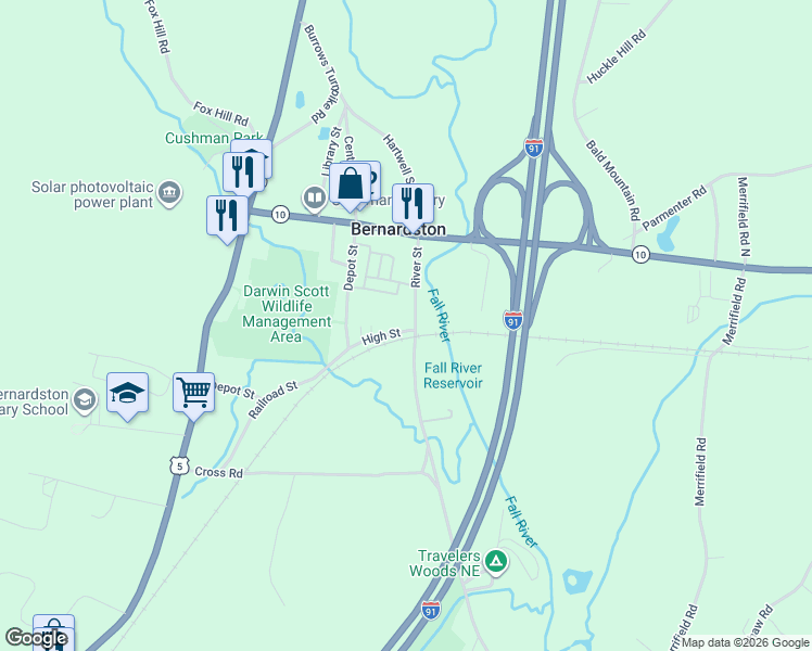 map of restaurants, bars, coffee shops, grocery stores, and more near 44 River Street in Bernardston