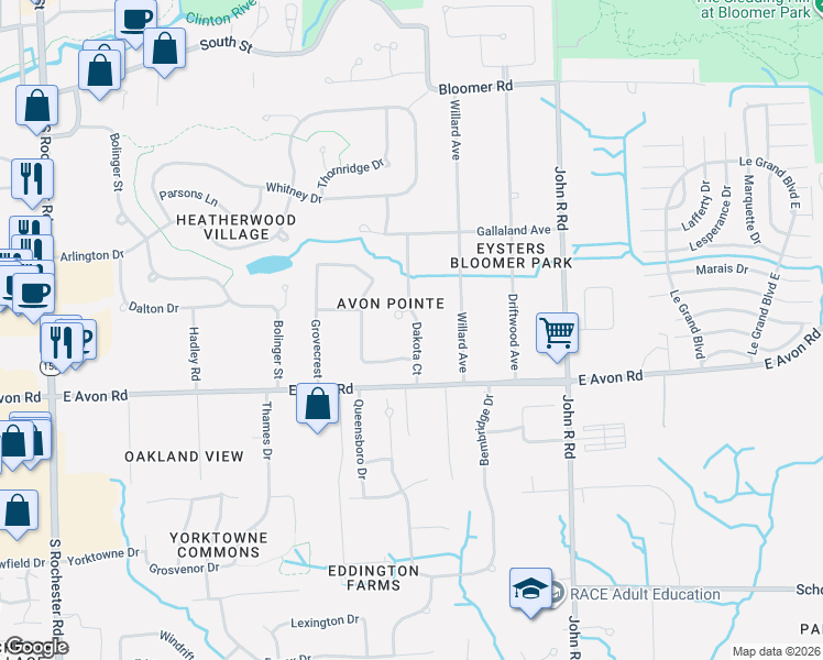 map of restaurants, bars, coffee shops, grocery stores, and more near 635 Seabrook Drive in Rochester Hills
