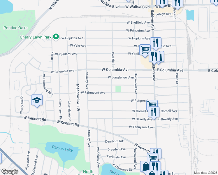 map of restaurants, bars, coffee shops, grocery stores, and more near 187 West Fairmount Avenue in Pontiac