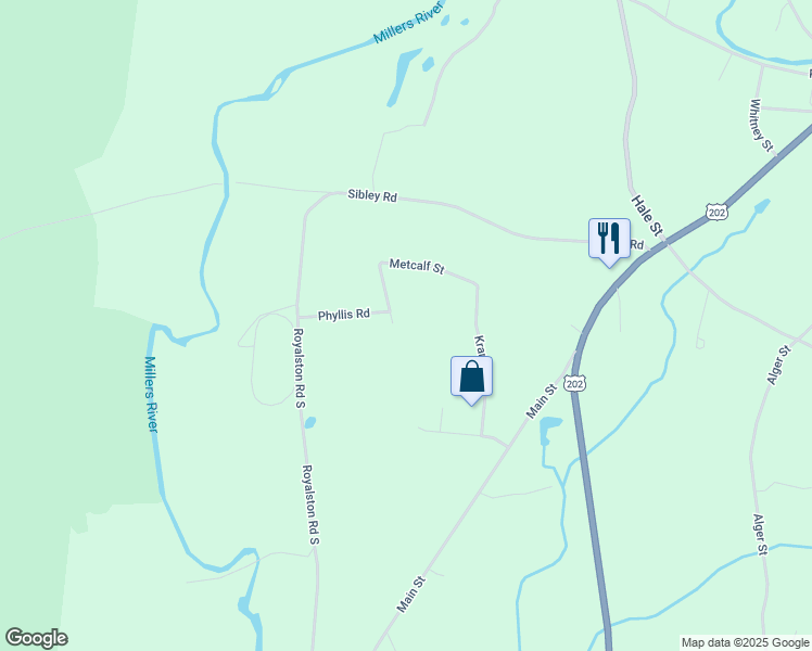 map of restaurants, bars, coffee shops, grocery stores, and more near 135 Metcalf Street in Winchendon