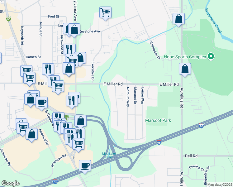 map of restaurants, bars, coffee shops, grocery stores, and more near 6129 Beechfield Drive in Lansing