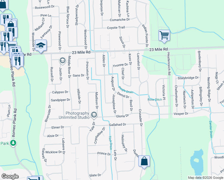 map of restaurants, bars, coffee shops, grocery stores, and more near 50383 August Drive in Macomb