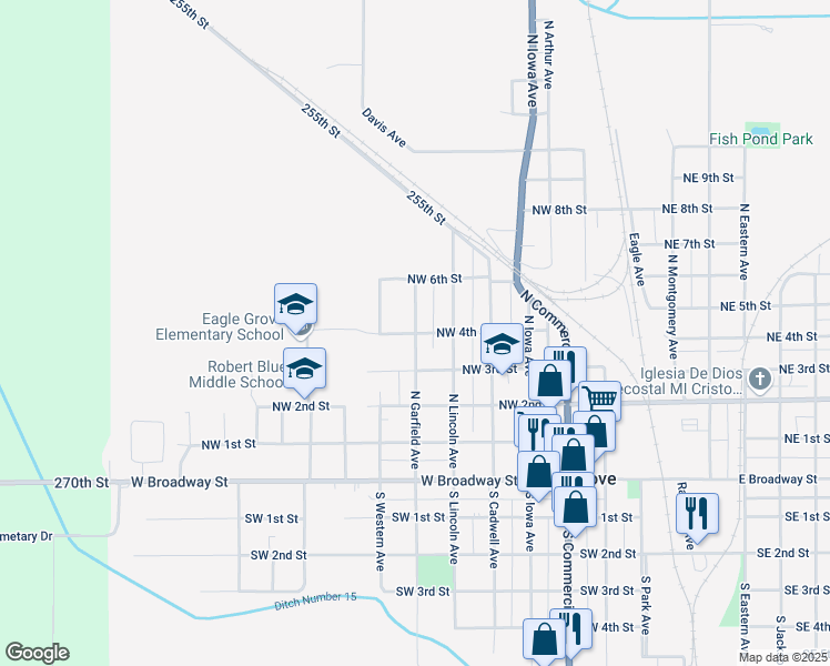 map of restaurants, bars, coffee shops, grocery stores, and more near 501 North Garfield Avenue in Eagle Grove