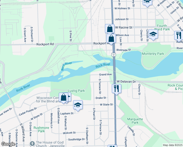 map of restaurants, bars, coffee shops, grocery stores, and more near 1306 Grand Avenue in Janesville