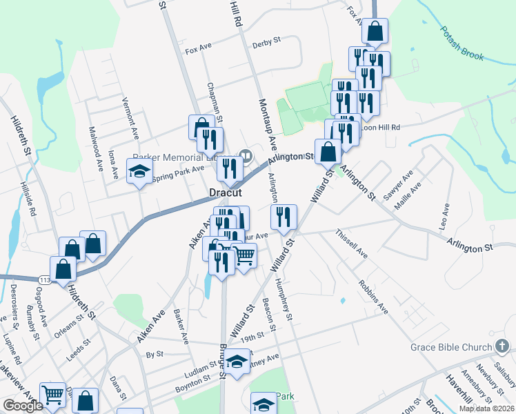 map of restaurants, bars, coffee shops, grocery stores, and more near 33 Arlington Avenue in Dracut