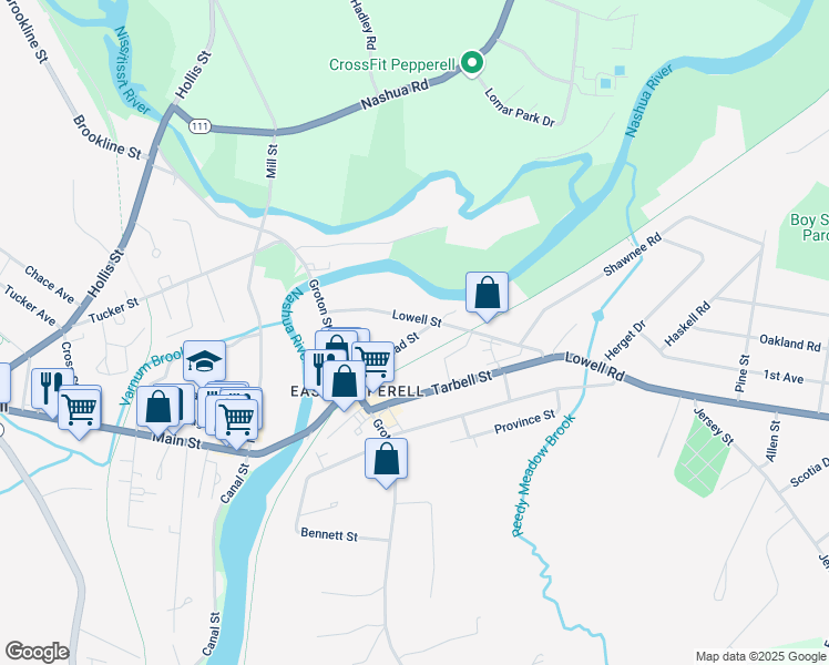 map of restaurants, bars, coffee shops, grocery stores, and more near 12 Lowell Street in Pepperell