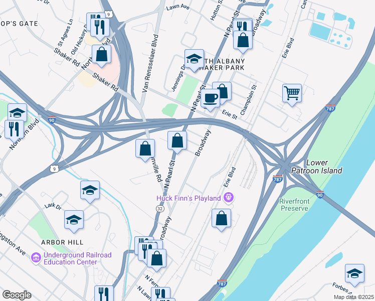 map of restaurants, bars, coffee shops, grocery stores, and more near 25 Albany Street in Albany