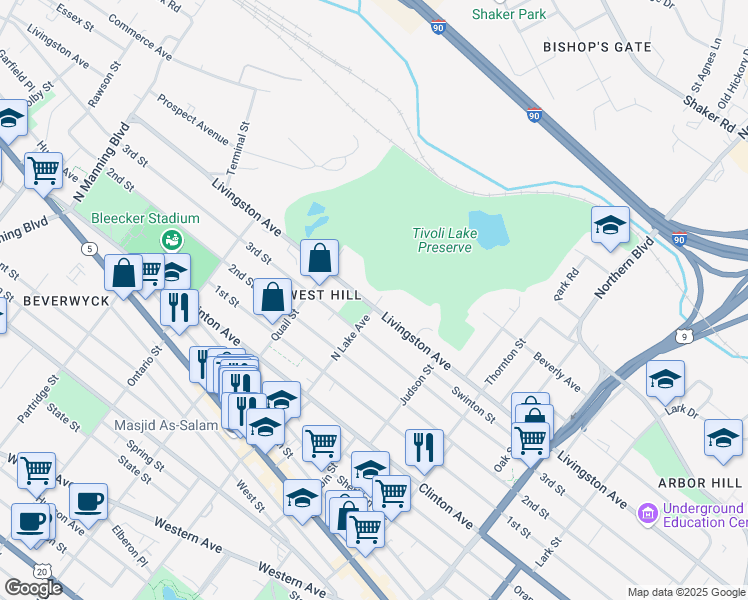 map of restaurants, bars, coffee shops, grocery stores, and more near 471 Livingston Avenue in Albany