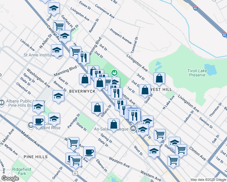 map of restaurants, bars, coffee shops, grocery stores, and more near 721 Clinton Avenue in Albany
