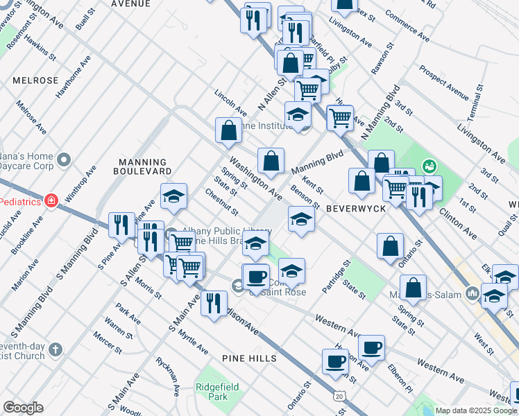 map of restaurants, bars, coffee shops, grocery stores, and more near 790 Washington Avenue in Albany
