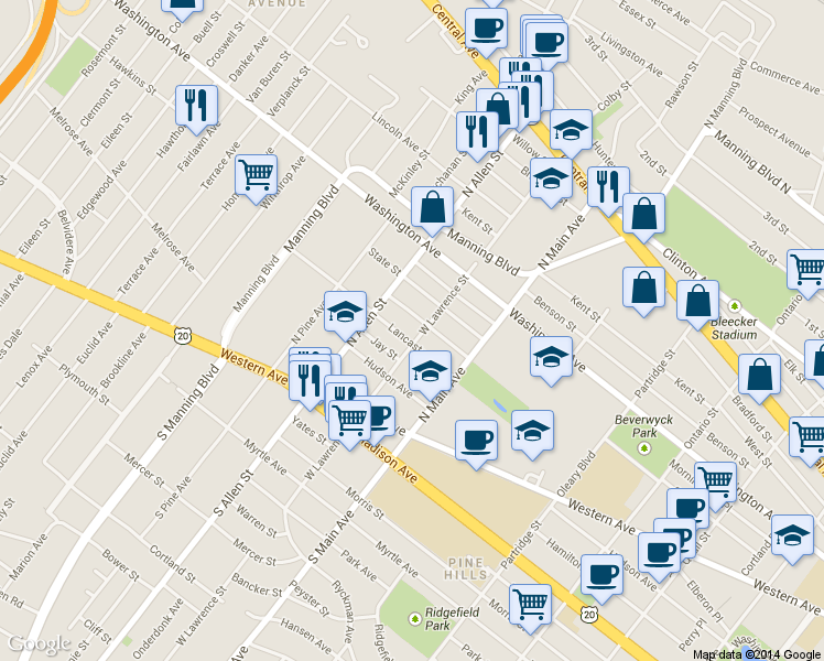 map of restaurants, bars, coffee shops, grocery stores, and more near 845 Chestnut Street in Albany