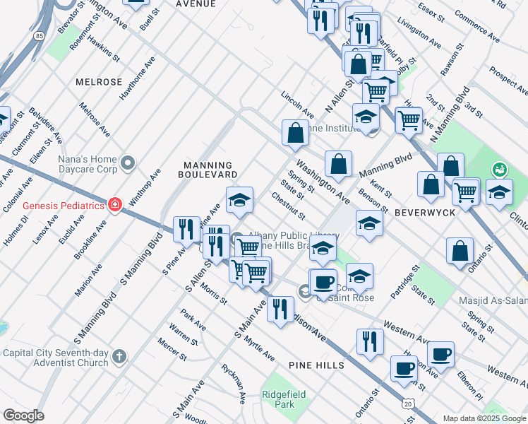 map of restaurants, bars, coffee shops, grocery stores, and more near in Albany