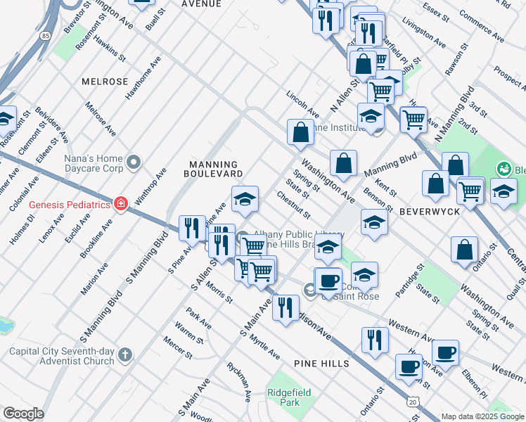 map of restaurants, bars, coffee shops, grocery stores, and more near in Albany