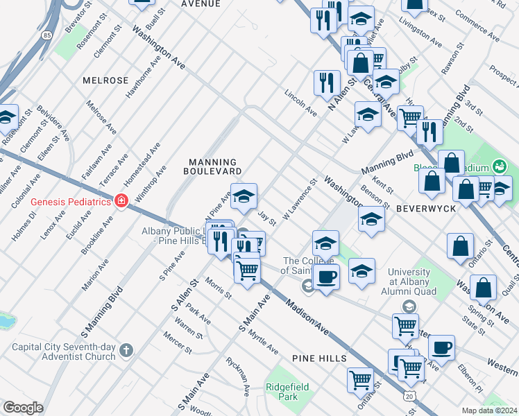 map of restaurants, bars, coffee shops, grocery stores, and more near in Albany