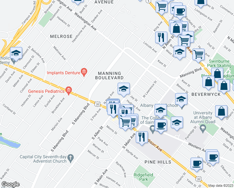 map of restaurants, bars, coffee shops, grocery stores, and more near 71 North Pine Avenue in Albany