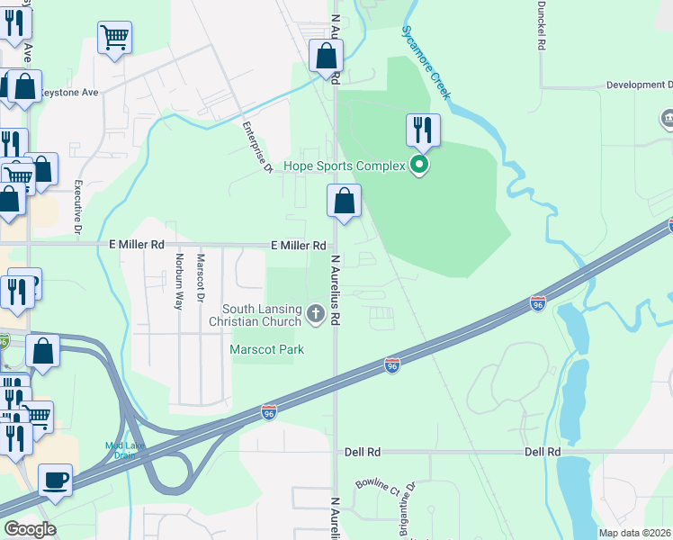 map of restaurants, bars, coffee shops, grocery stores, and more near in Delhi charter Township