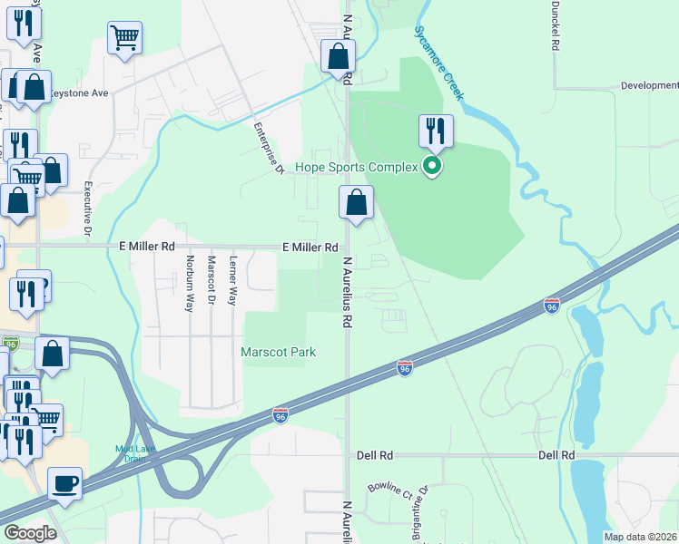 map of restaurants, bars, coffee shops, grocery stores, and more near in Delhi charter Township