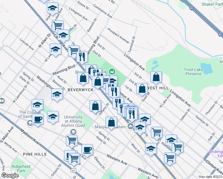 map of restaurants, bars, coffee shops, grocery stores, and more near 676 Clinton Avenue in Albany