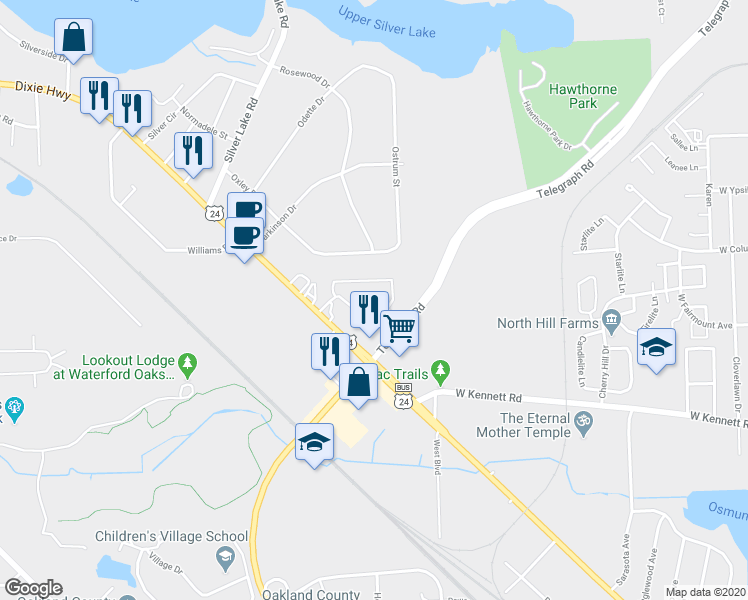 map of restaurants, bars, coffee shops, grocery stores, and more near 1901 Telegraph Road in Waterford Township