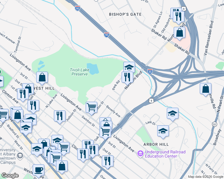 map of restaurants, bars, coffee shops, grocery stores, and more near 315 Northern Boulevard in Albany