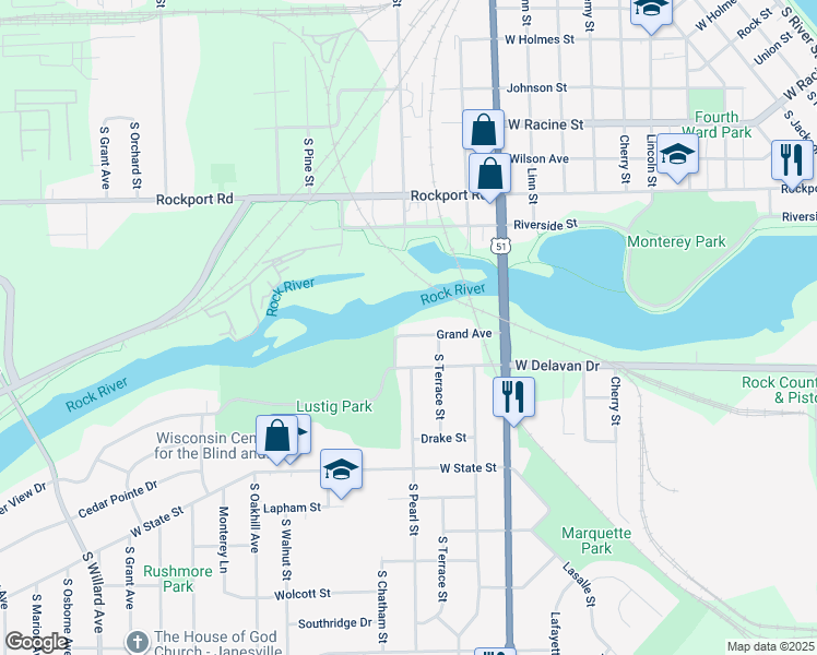 map of restaurants, bars, coffee shops, grocery stores, and more near 1306 Grand Avenue in Janesville