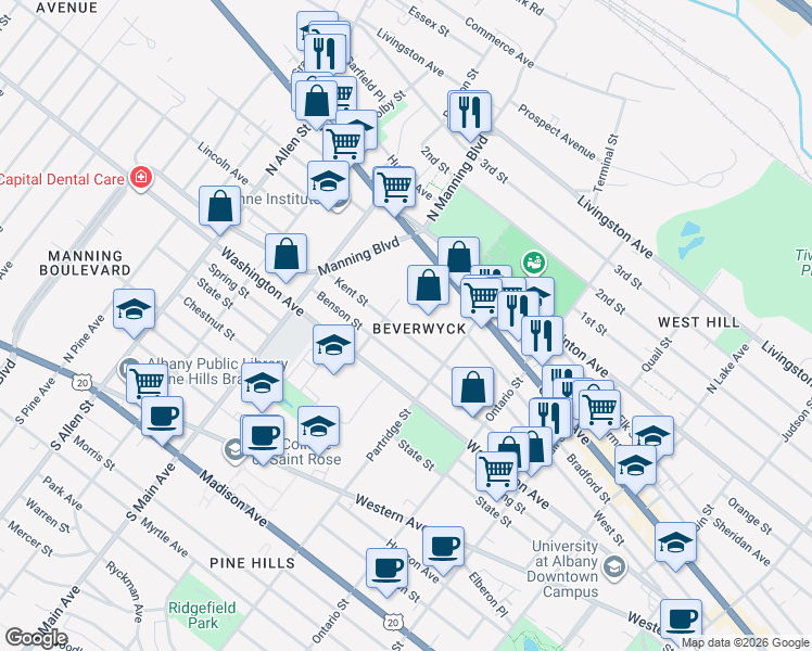 map of restaurants, bars, coffee shops, grocery stores, and more near 81 Kent Street in Albany