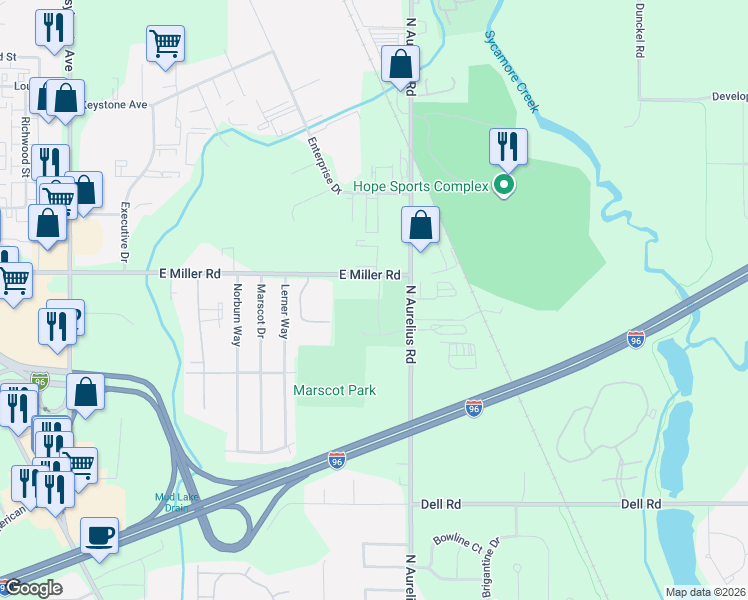 map of restaurants, bars, coffee shops, grocery stores, and more near 1920 East Miller Road in Lansing