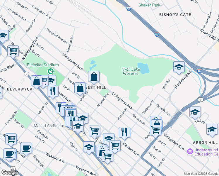 map of restaurants, bars, coffee shops, grocery stores, and more near 471 Livingston Avenue in Albany