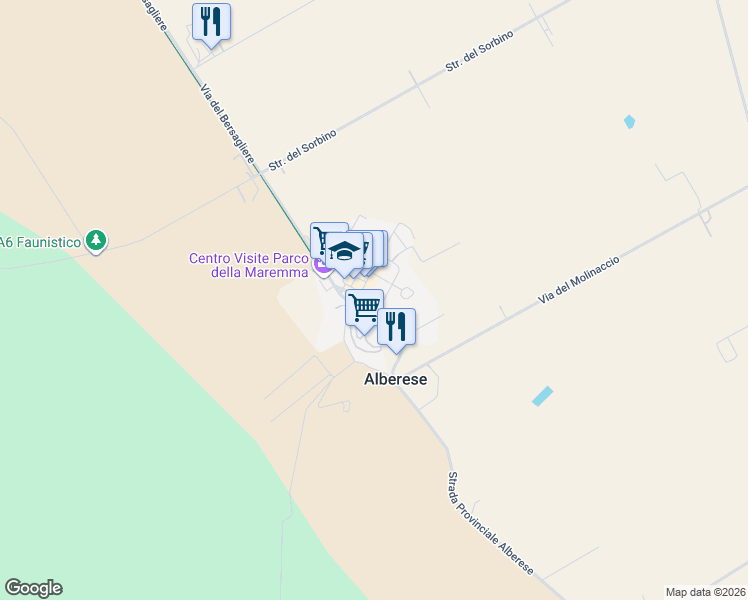 map of restaurants, bars, coffee shops, grocery stores, and more near 3 Via del Geniere in Alberese