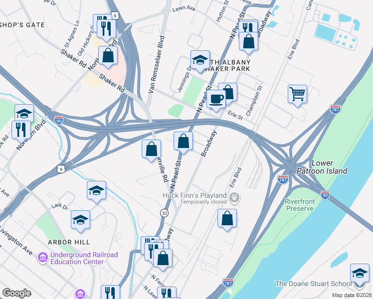 map of restaurants, bars, coffee shops, grocery stores, and more near 25 Albany Street in Albany