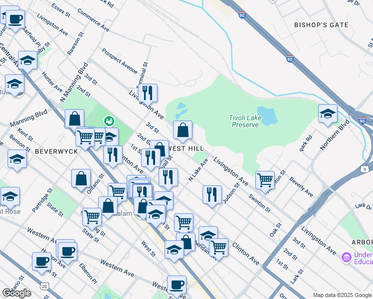 map of restaurants, bars, coffee shops, grocery stores, and more near 9 Quail Street in Albany