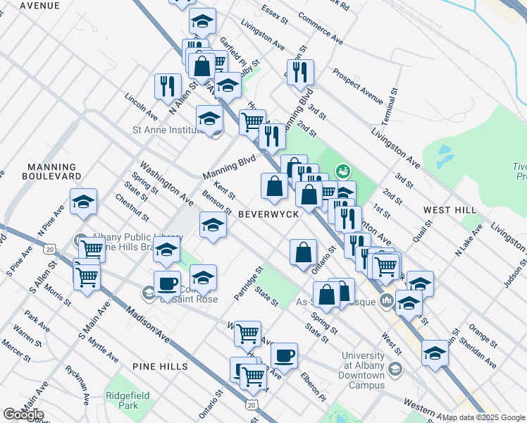 map of restaurants, bars, coffee shops, grocery stores, and more near 488 Central Avenue in Albany