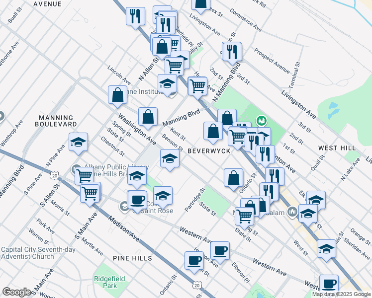 map of restaurants, bars, coffee shops, grocery stores, and more near 126 Kent Street in Albany
