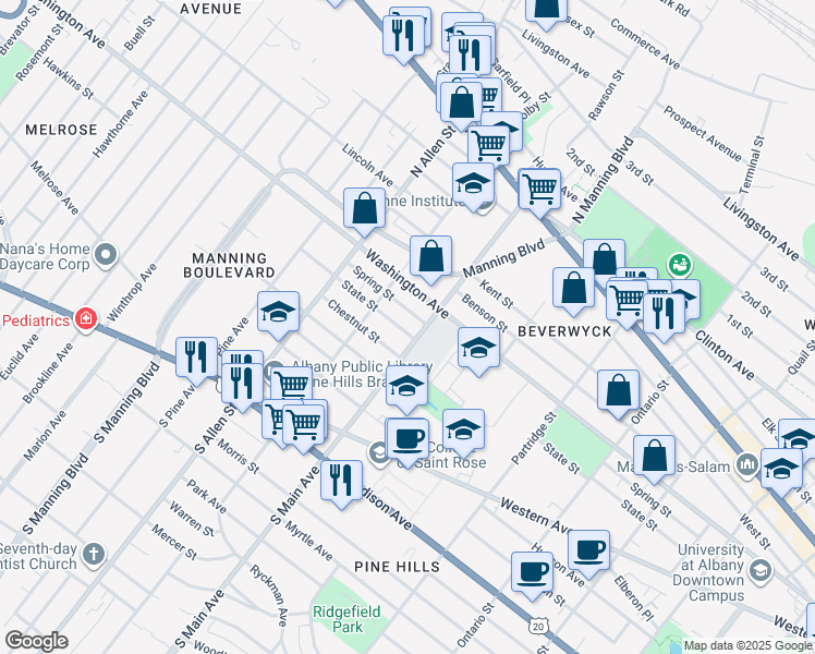 map of restaurants, bars, coffee shops, grocery stores, and more near 790 Washington Avenue in Albany