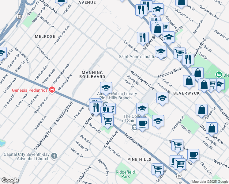 map of restaurants, bars, coffee shops, grocery stores, and more near in Albany