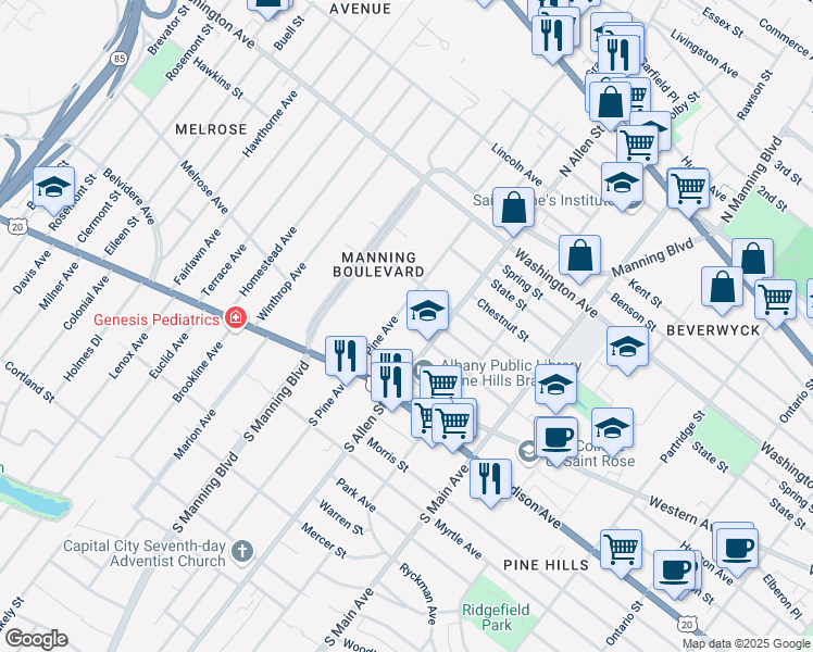 map of restaurants, bars, coffee shops, grocery stores, and more near 71 North Pine Avenue in Albany