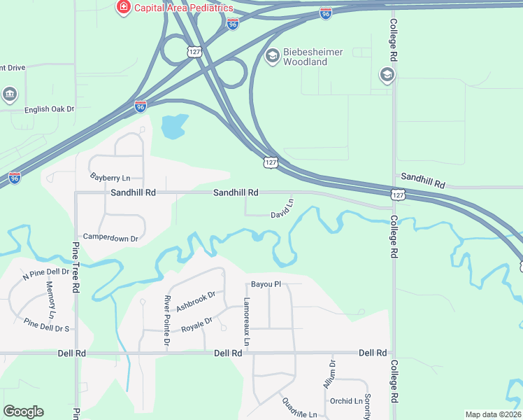 map of restaurants, bars, coffee shops, grocery stores, and more near 3701 Sandhill Road in Lansing