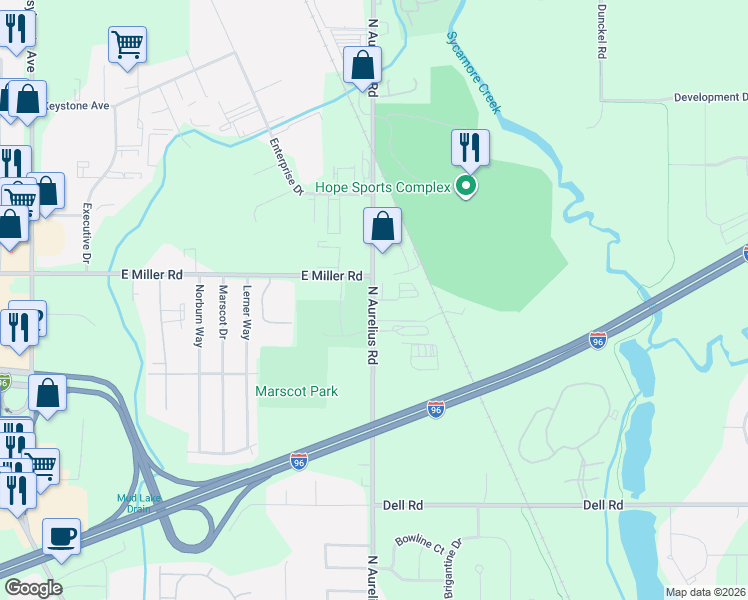 map of restaurants, bars, coffee shops, grocery stores, and more near in Delhi charter Township