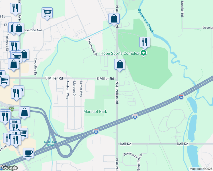 map of restaurants, bars, coffee shops, grocery stores, and more near 1920 East Miller Road in Lansing
