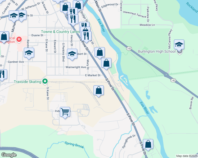 map of restaurants, bars, coffee shops, grocery stores, and more near 372 East Market Street in Burlington