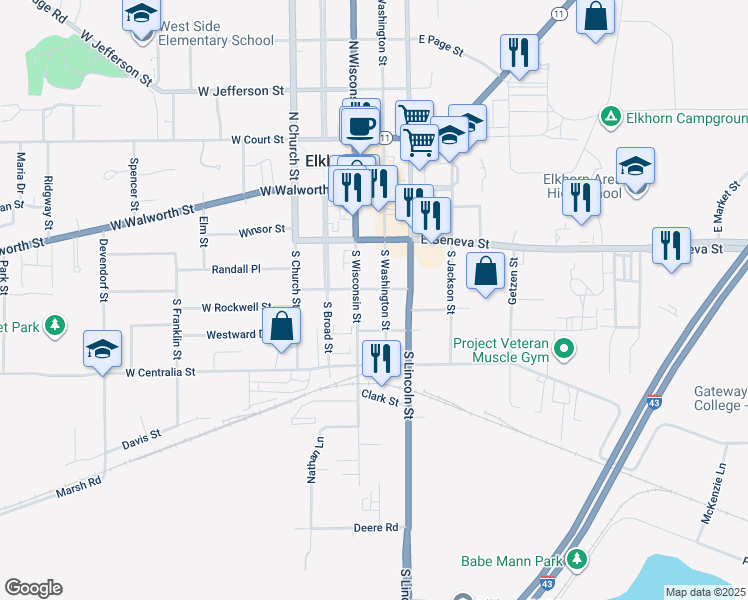 map of restaurants, bars, coffee shops, grocery stores, and more near 9 East Rockwell Street in Elkhorn