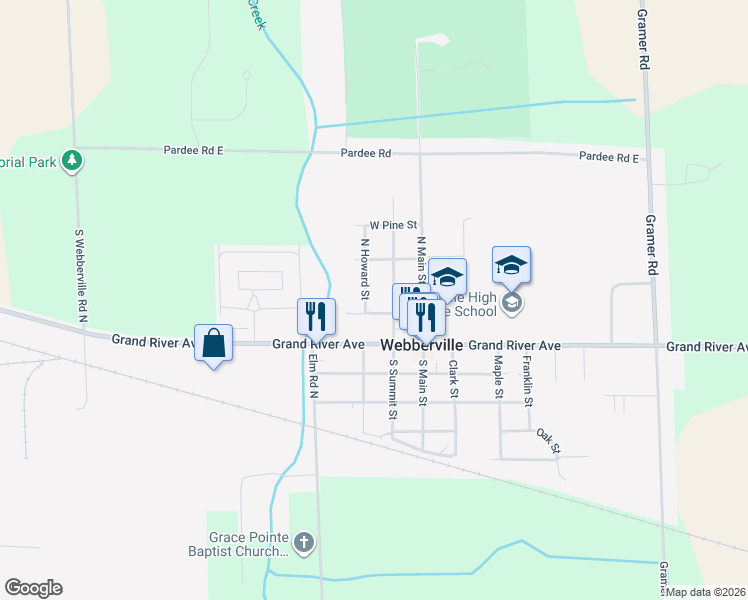 map of restaurants, bars, coffee shops, grocery stores, and more near 301 North Summit Street in Webberville