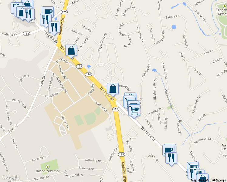 map of restaurants, bars, coffee shops, grocery stores, and more near 41 Royal Crest Drive in North Andover