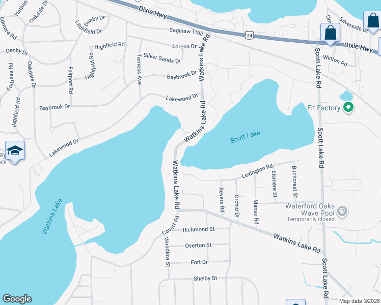 map of restaurants, bars, coffee shops, grocery stores, and more near 2060 Watkins Lake Road in Waterford Township
