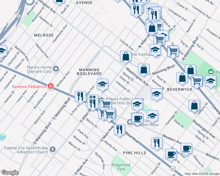 map of restaurants, bars, coffee shops, grocery stores, and more near 71 North Allen Street in Albany