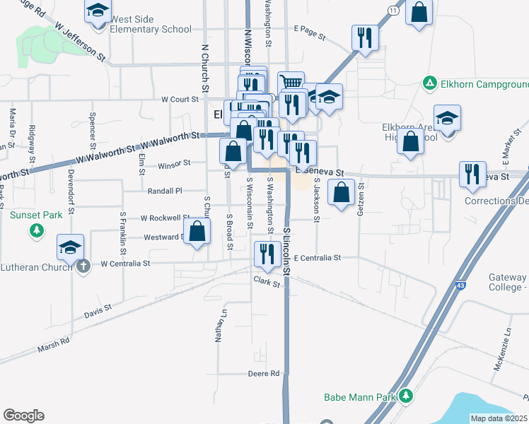 map of restaurants, bars, coffee shops, grocery stores, and more near 9 East Rockwell Street in Elkhorn