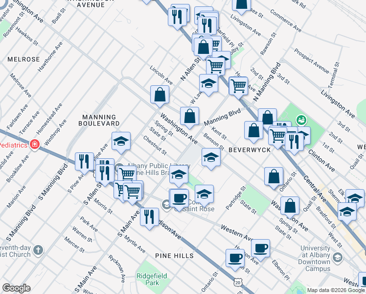 map of restaurants, bars, coffee shops, grocery stores, and more near 790 Washington Avenue in Albany